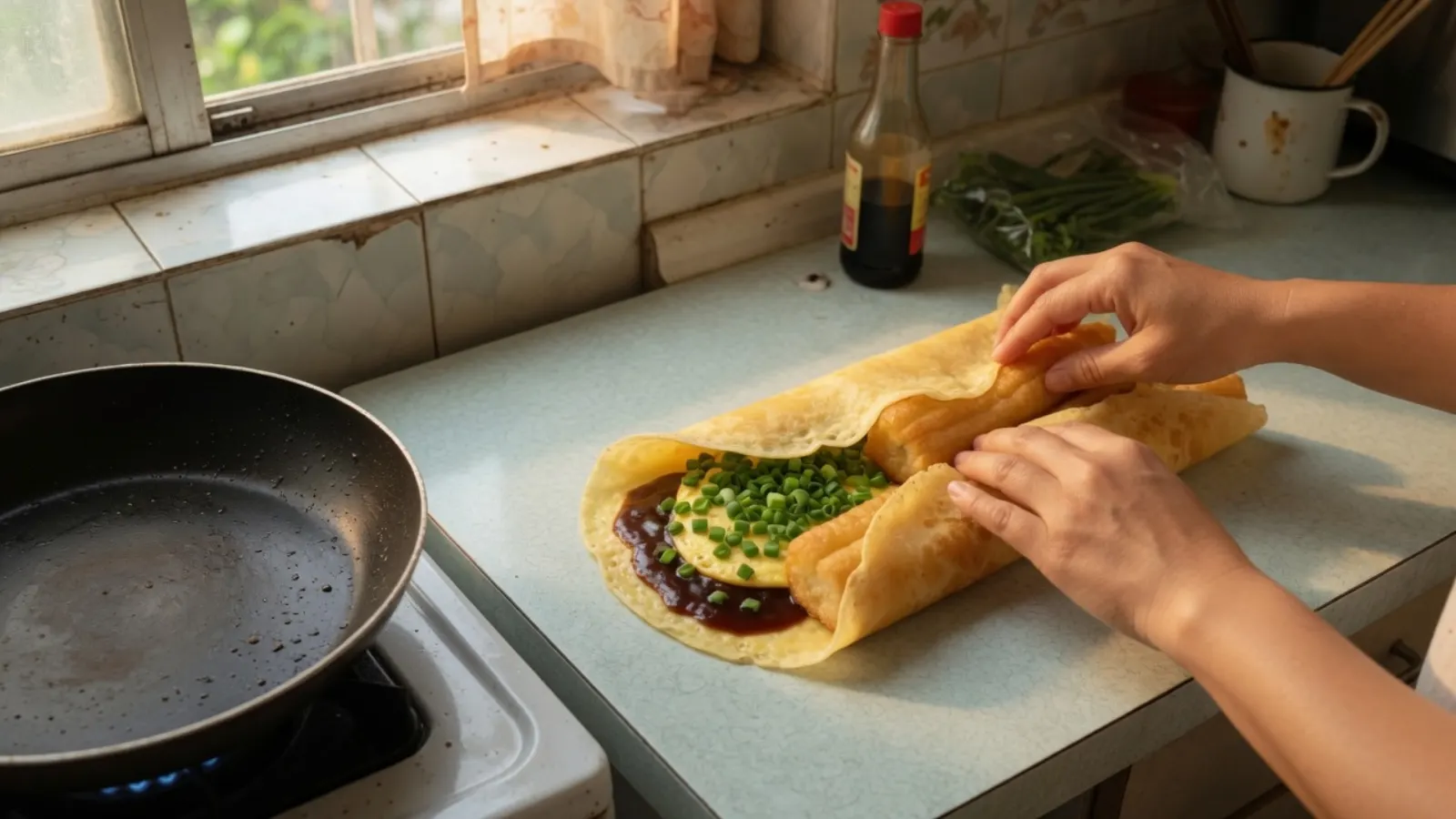 双手把还完整的饼卷起来，里面是油条、蛋、葱和酱。