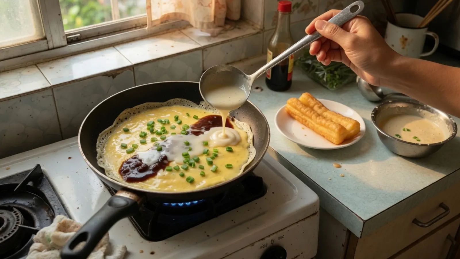 饼已经摊破，蛋还没有完全凝固，用汤勺补进一勺面糊。