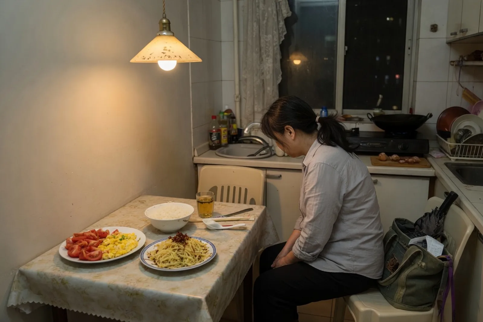 下班以后的晚饭：西红柿炒鸡蛋、炒土豆丝和米饭。