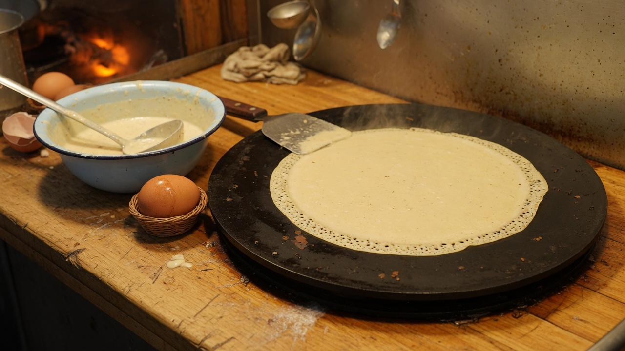A crepe on a griddle